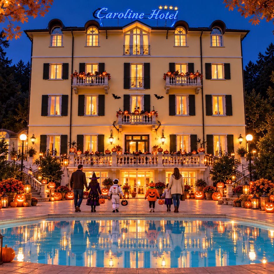 Halloween at the Caroline Hotel: the yellow house lit for the night, pumpkins and lanterns around the pool, a family in costume by the water.