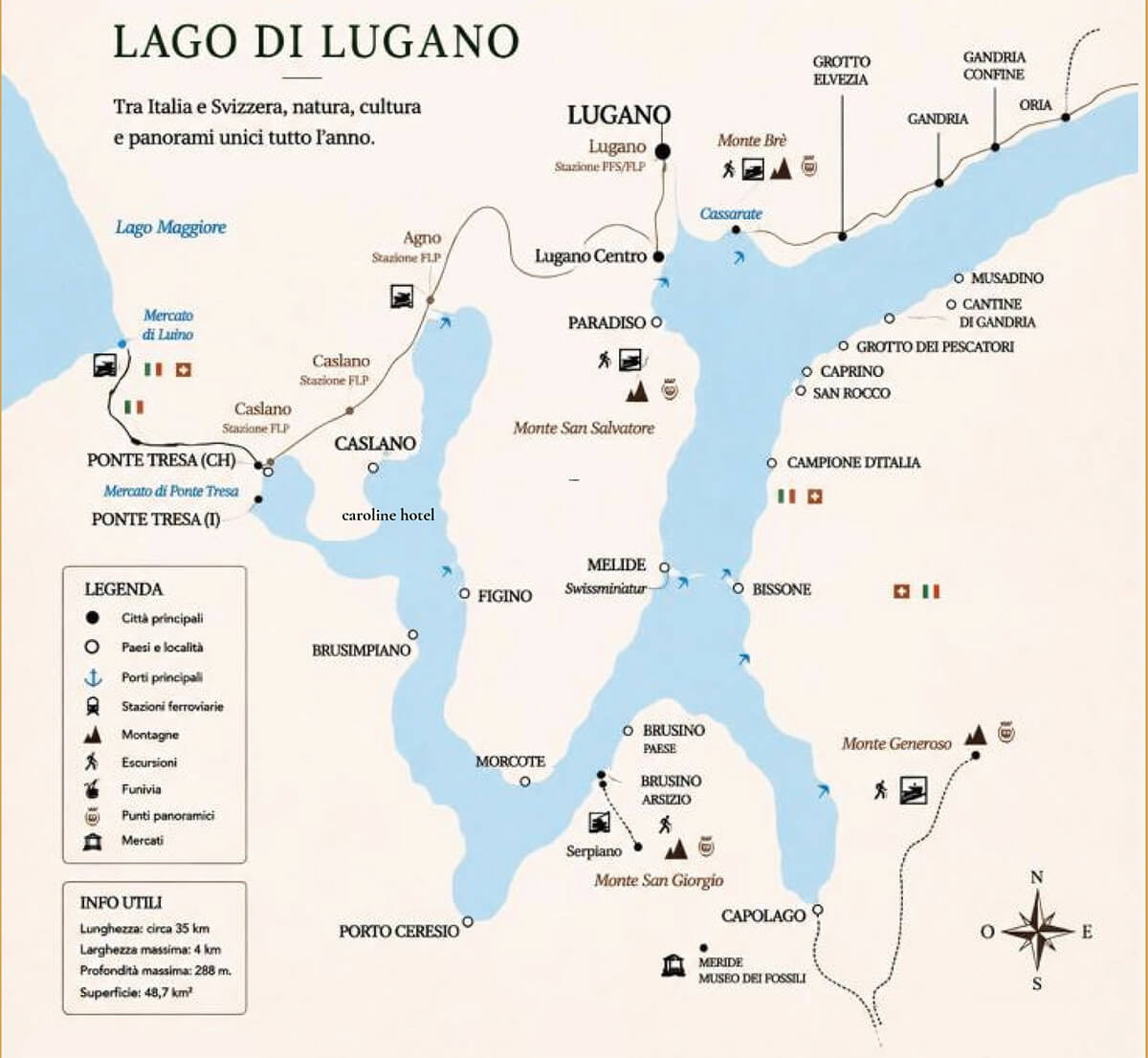 Illustrated map of Lake Lugano. The hotel is marked Caroline Hotel at Brusimpiano on the western arm, with Porto Ceresio, Ponte Tresa, Morcote and Lugano.