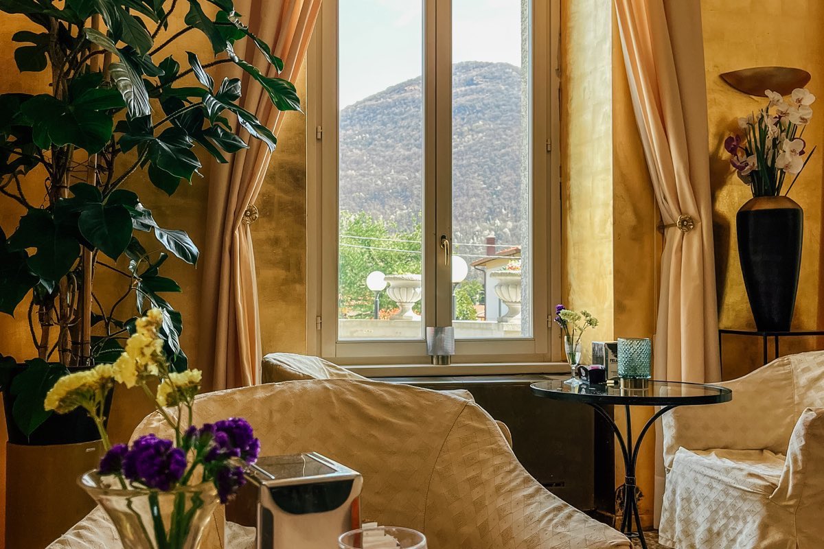 A gold-walled lounge with armchairs and the mountain in the window.
