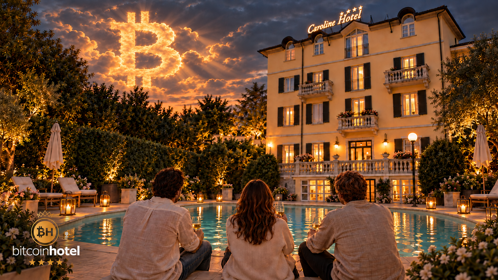 AI-generated illustration: guests by the courtyard pool at dusk in front of the yellow facade, with the real Bitcoin Hotel logo placed on top