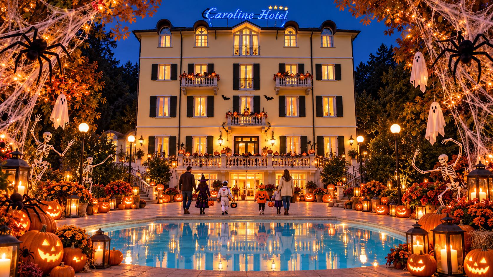 Illustrazione: l’hotel al tramonto vestito per Halloween, con zucche intagliate, scheletri, fantasmi di carta e ragnatele intorno alla piscina illuminata, e una famiglia in costume che cammina verso la casa.